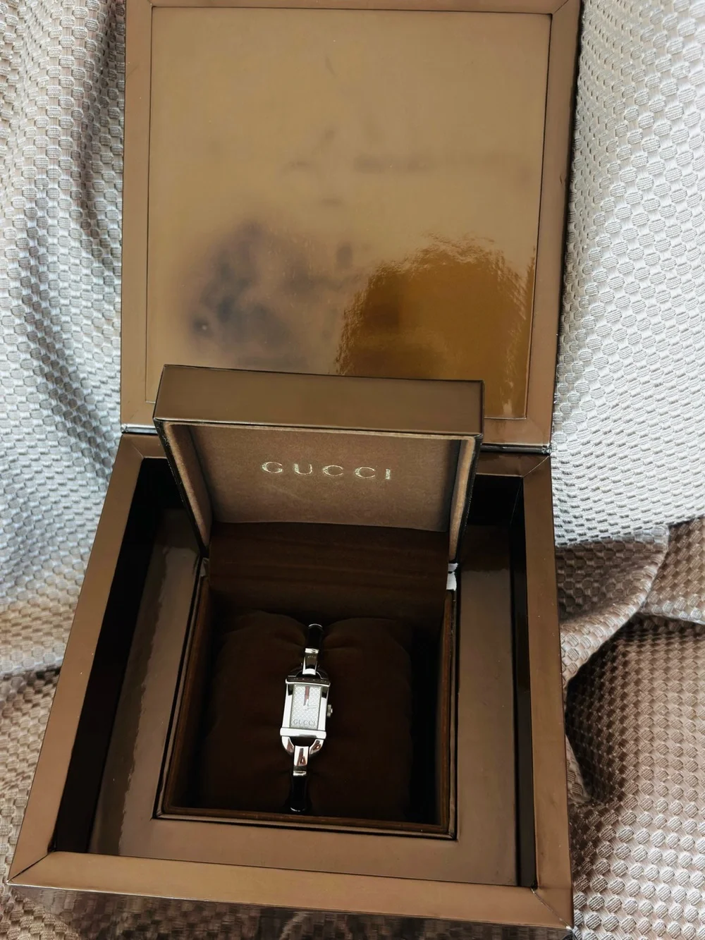 Gucci Silver Rectangular Dial Women's Watch with Bamboo band.